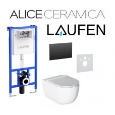 Komplektas 4 in1 Laufen rėmas + mygtukas Laufen juodas matinis, Alice Cermica Unica Rimless klozetas su lėtaegiu dangčiu